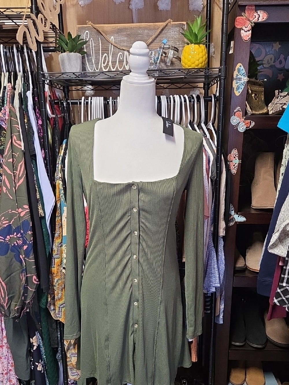 Lulu's Olive Green Long-Sleeve Button-Front Mini Dress